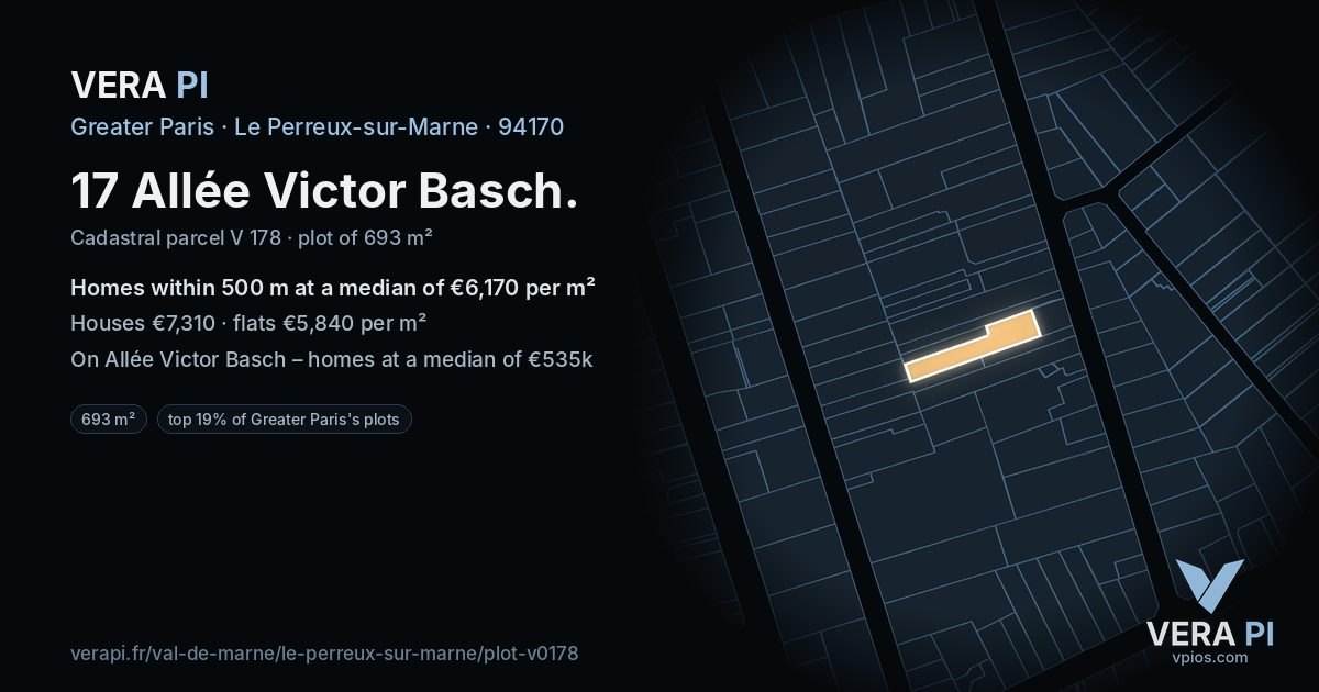 17 Allée Victor Basch, Le Perreux-sur-Marne at night – the plot lit, the parcels around coloured by the prices near them