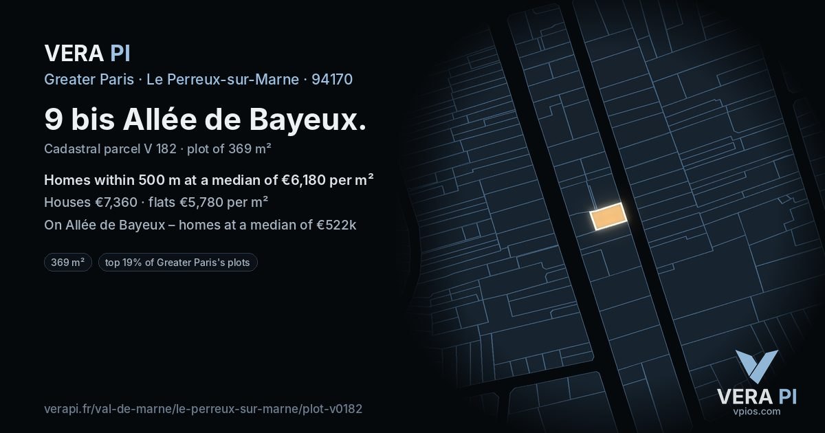 9 bis Allée de Bayeux, Le Perreux-sur-Marne at night – the plot lit, the parcels around coloured by the prices near them