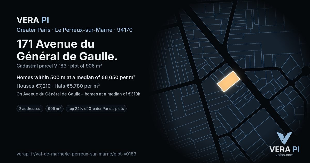 171 Avenue du Général de Gaulle, Le Perreux-sur-Marne at night – the plot lit, the parcels around coloured by the prices near them