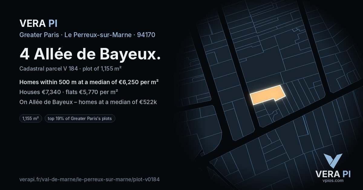 4 Allée de Bayeux, Le Perreux-sur-Marne at night – the plot lit, the parcels around coloured by the prices near them