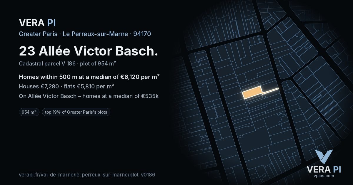 23 Allée Victor Basch, Le Perreux-sur-Marne at night – the plot lit, the parcels around coloured by the prices near them