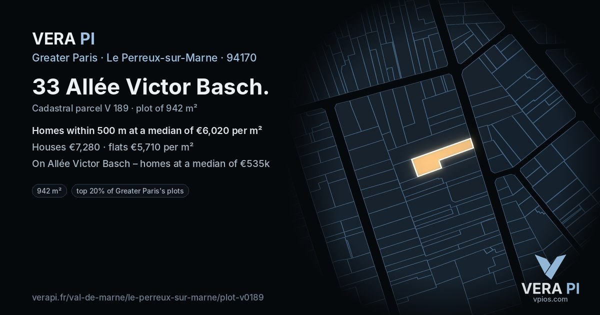 33 Allée Victor Basch, Le Perreux-sur-Marne at night – the plot lit, the parcels around coloured by the prices near them
