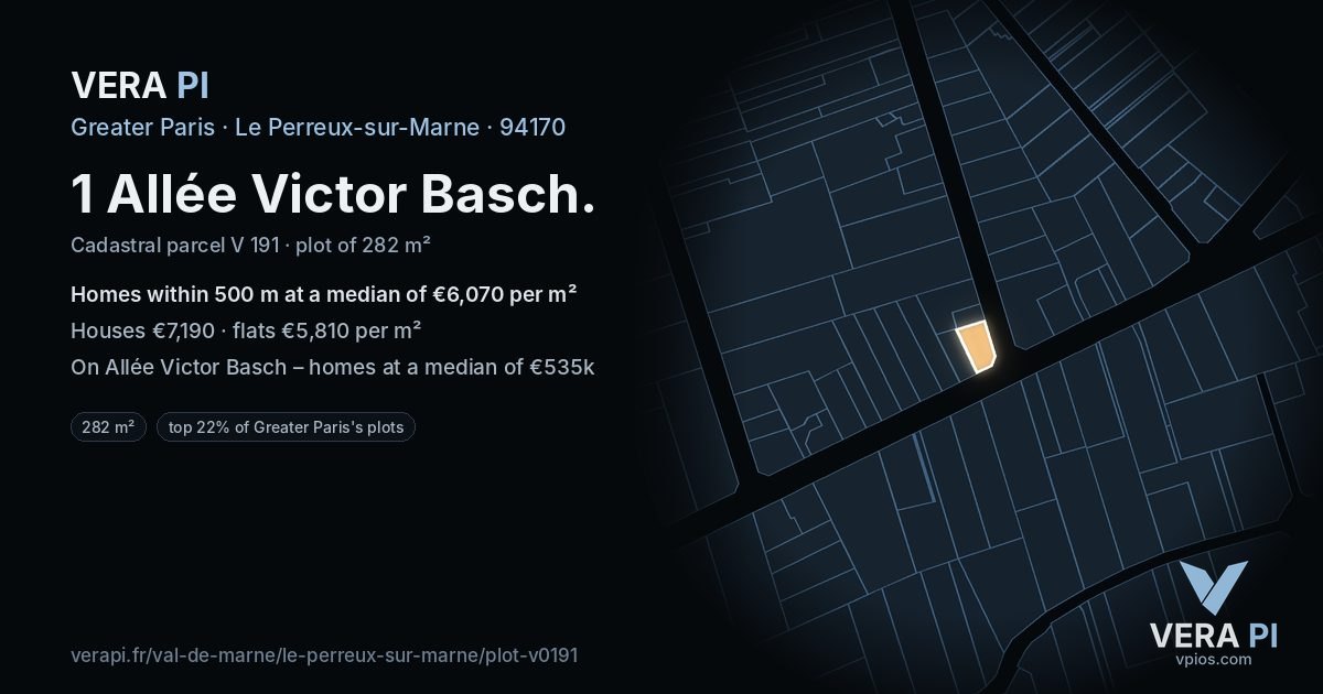 1 Allée Victor Basch, Le Perreux-sur-Marne at night – the plot lit, the parcels around coloured by the prices near them