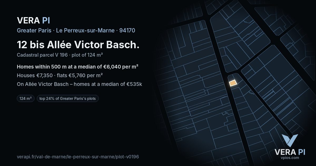12 bis Allée Victor Basch, Le Perreux-sur-Marne at night – the plot lit, the parcels around coloured by the prices near them