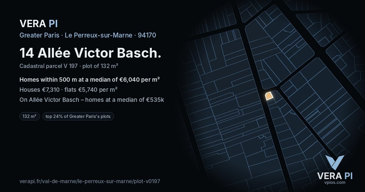 14 Allée Victor Basch, Le Perreux-sur-Marne at night – the plot lit, the parcels around coloured by the prices near them