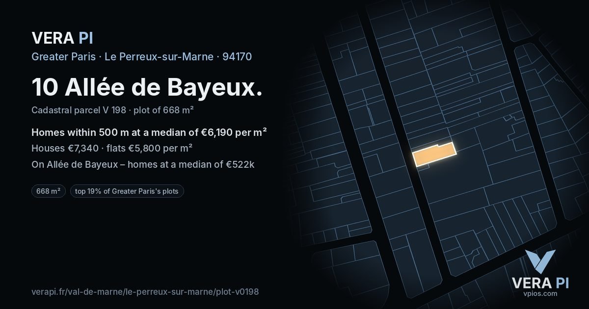 10 Allée de Bayeux, Le Perreux-sur-Marne at night – the plot lit, the parcels around coloured by the prices near them