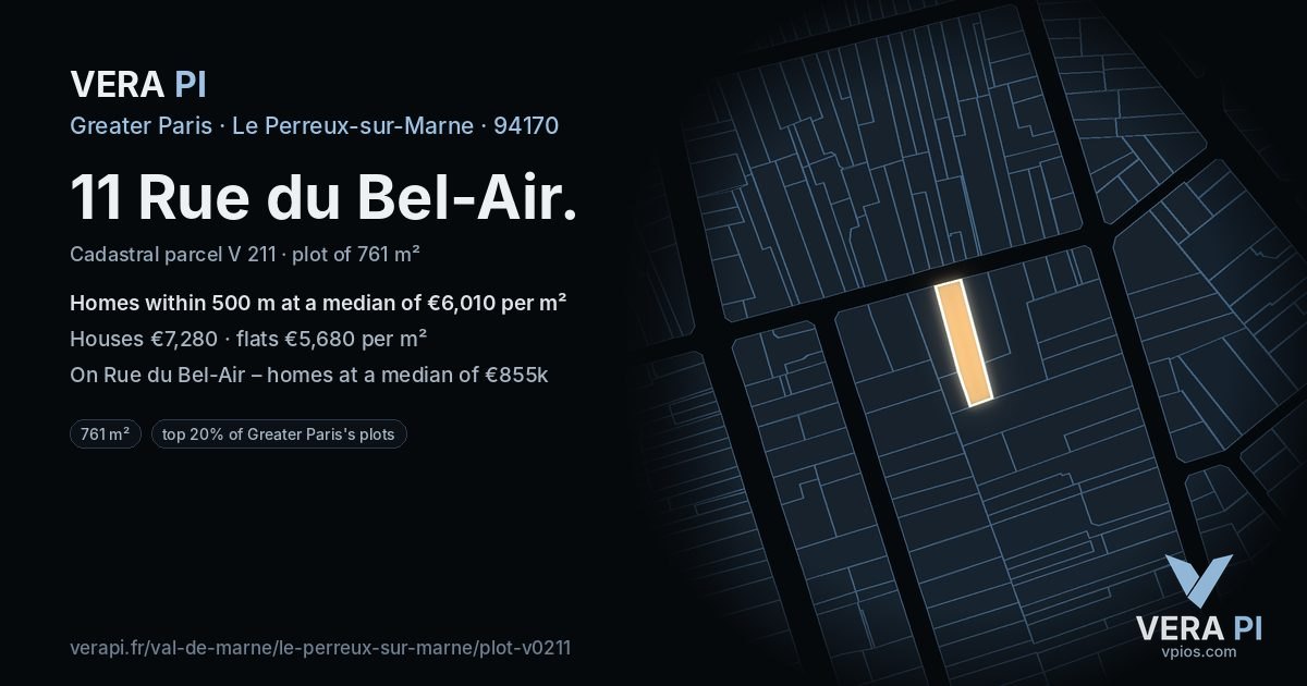 11 Rue du Bel-Air, Le Perreux-sur-Marne at night – the plot lit, the parcels around coloured by the prices near them
