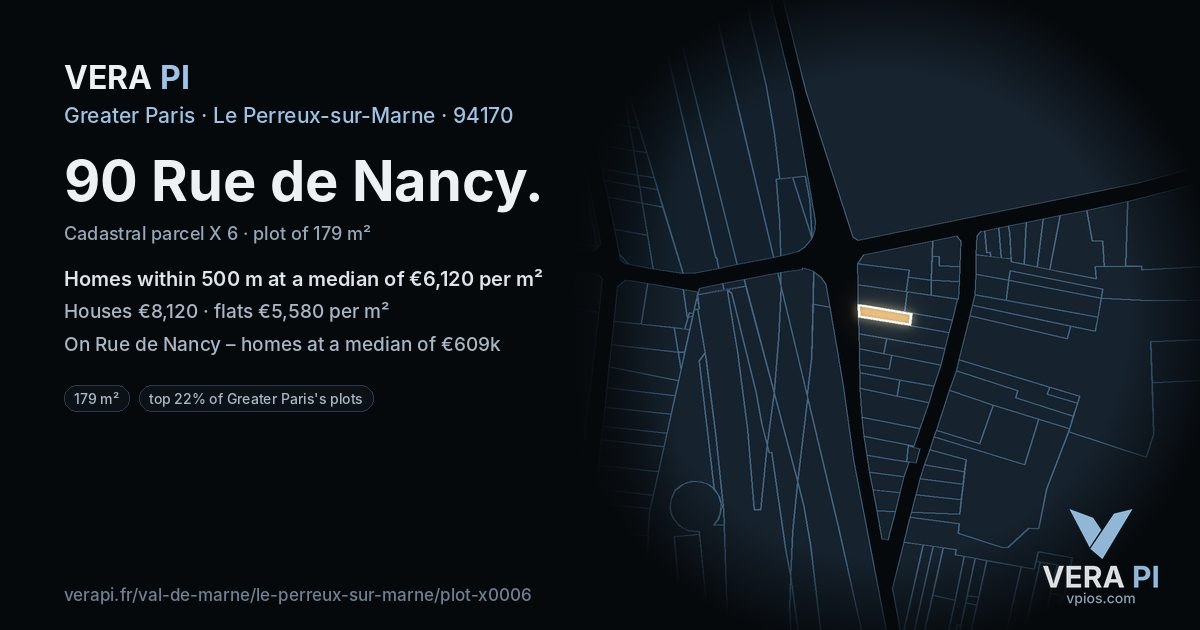 90 Rue de Nancy, Le Perreux-sur-Marne at night – the plot lit, the parcels around coloured by the prices near them
