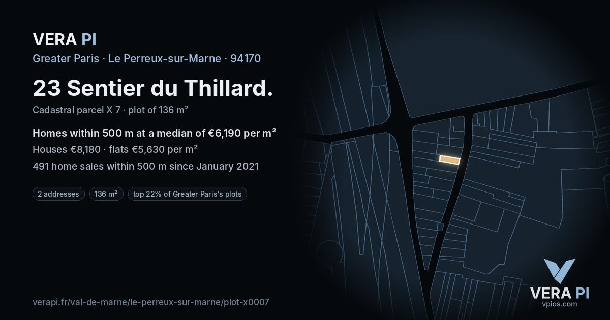 23 Sentier du Thillard, Le Perreux-sur-Marne at night – the plot lit, the parcels around coloured by the prices near them