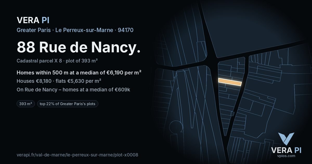 88 Rue de Nancy, Le Perreux-sur-Marne at night – the plot lit, the parcels around coloured by the prices near them