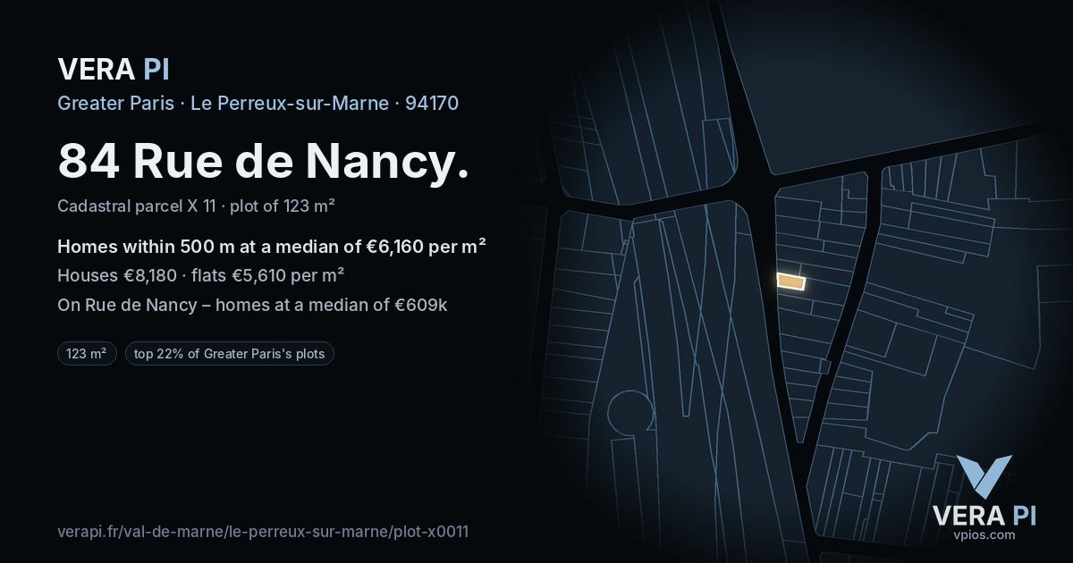 84 Rue de Nancy, Le Perreux-sur-Marne at night – the plot lit, the parcels around coloured by the prices near them