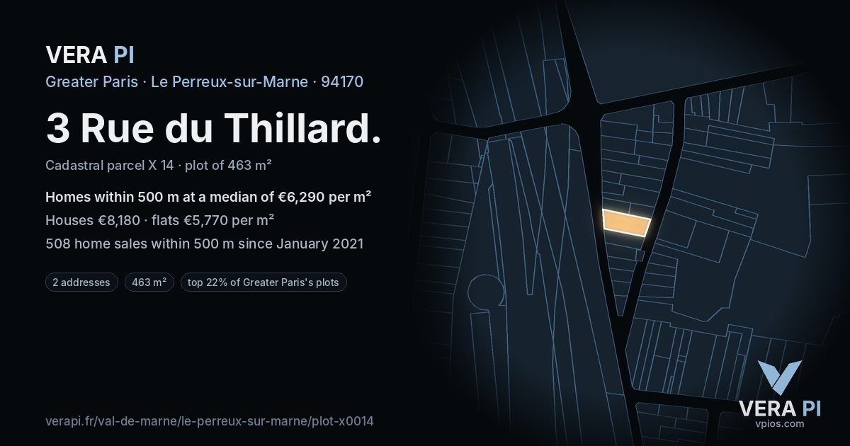 3 Rue du Thillard, Le Perreux-sur-Marne at night – the plot lit, the parcels around coloured by the prices near them