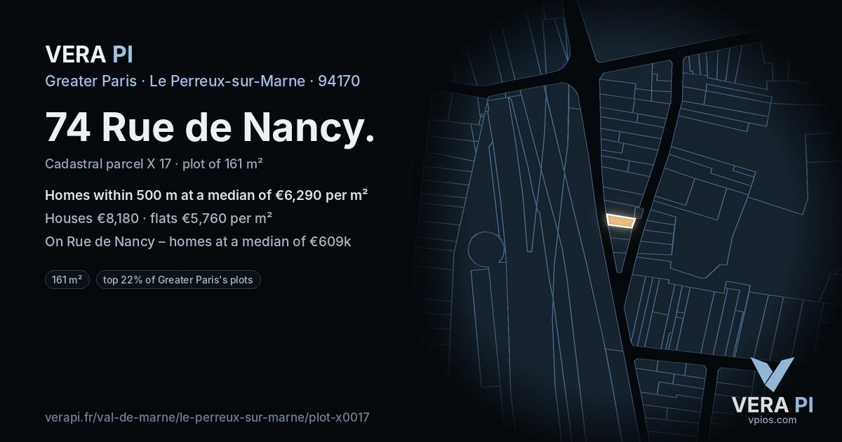 74 Rue de Nancy, Le Perreux-sur-Marne at night – the plot lit, the parcels around coloured by the prices near them
