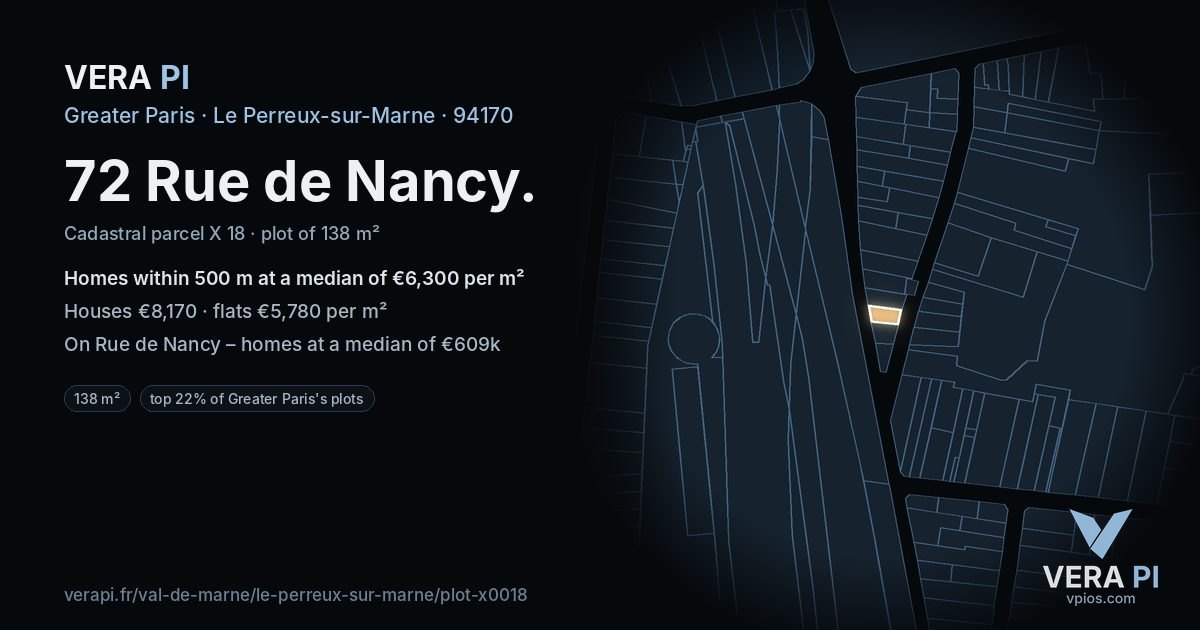 72 Rue de Nancy, Le Perreux-sur-Marne at night – the plot lit, the parcels around coloured by the prices near them