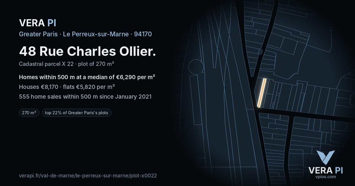 48 Rue Charles Ollier, Le Perreux-sur-Marne at night – the plot lit, the parcels around coloured by the prices near them