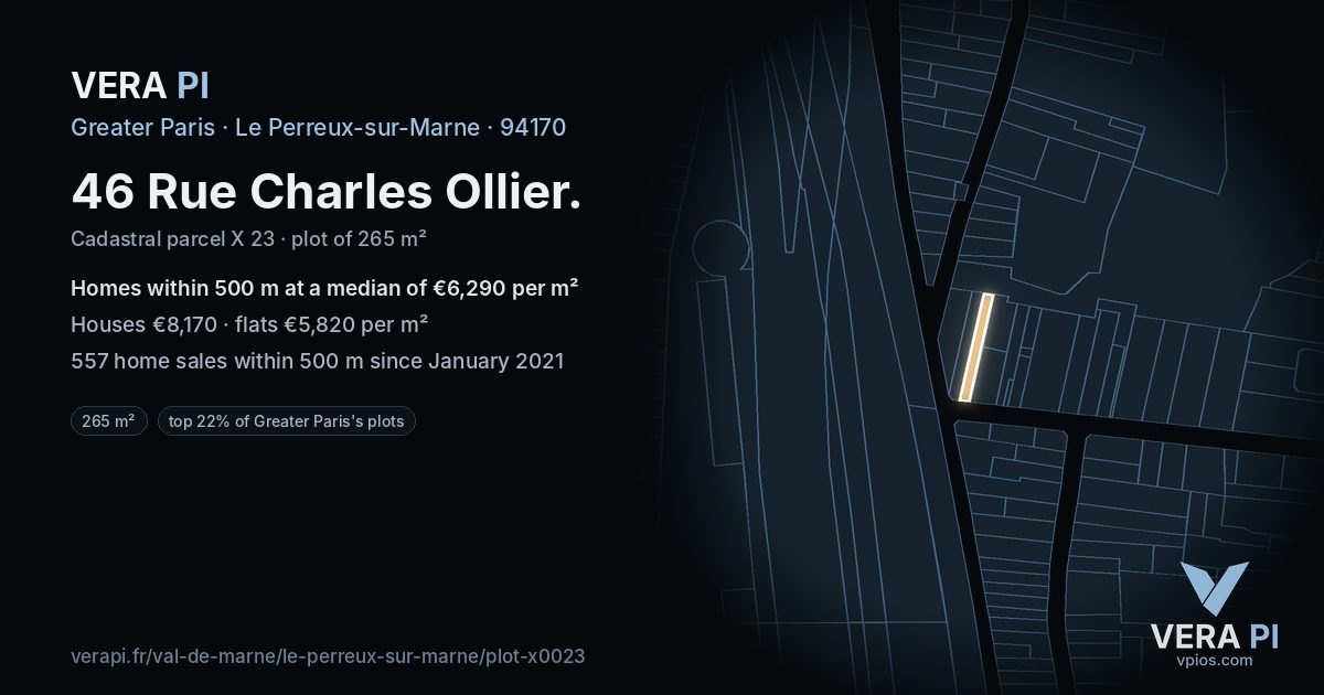 46 Rue Charles Ollier, Le Perreux-sur-Marne at night – the plot lit, the parcels around coloured by the prices near them