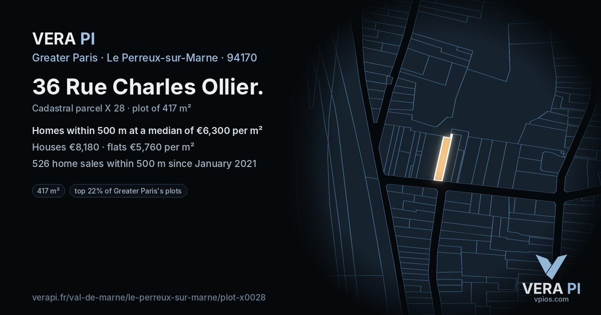 36 Rue Charles Ollier, Le Perreux-sur-Marne at night – the plot lit, the parcels around coloured by the prices near them