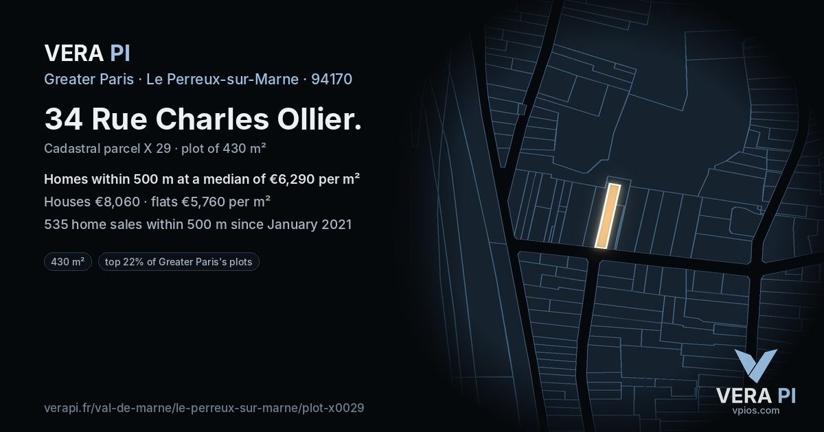 34 Rue Charles Ollier, Le Perreux-sur-Marne at night – the plot lit, the parcels around coloured by the prices near them