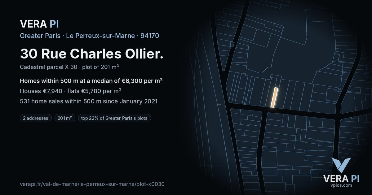 30 Rue Charles Ollier, Le Perreux-sur-Marne at night – the plot lit, the parcels around coloured by the prices near them
