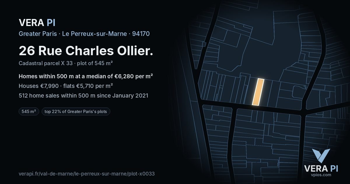 26 Rue Charles Ollier, Le Perreux-sur-Marne at night – the plot lit, the parcels around coloured by the prices near them