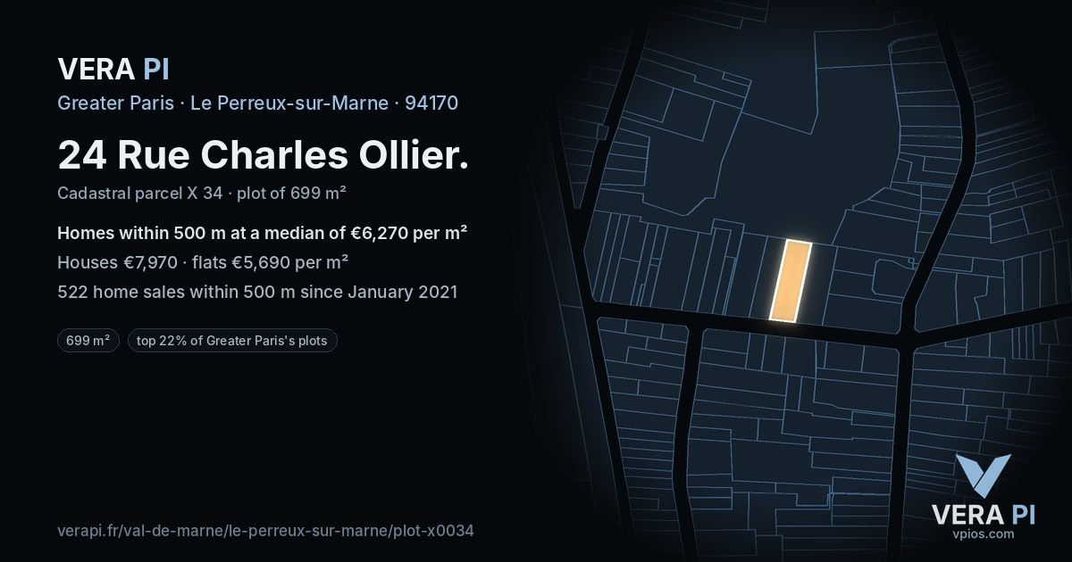 24 Rue Charles Ollier, Le Perreux-sur-Marne at night – the plot lit, the parcels around coloured by the prices near them