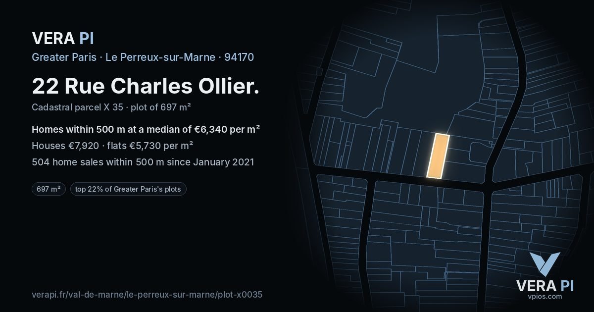 22 Rue Charles Ollier, Le Perreux-sur-Marne at night – the plot lit, the parcels around coloured by the prices near them