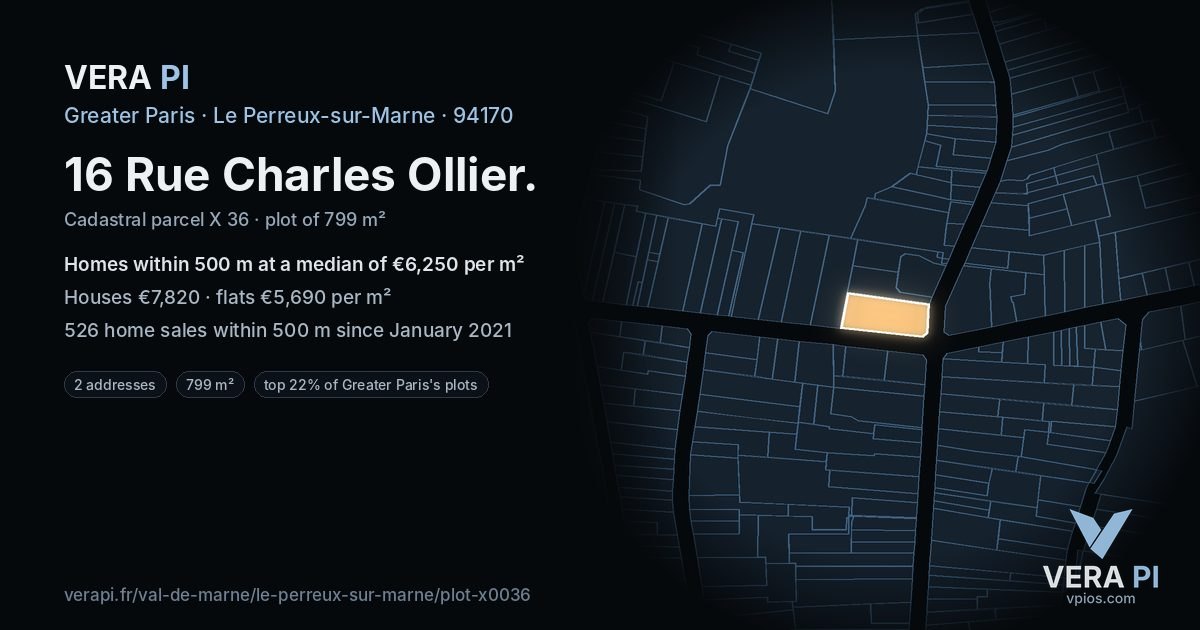 16 Rue Charles Ollier, Le Perreux-sur-Marne at night – the plot lit, the parcels around coloured by the prices near them