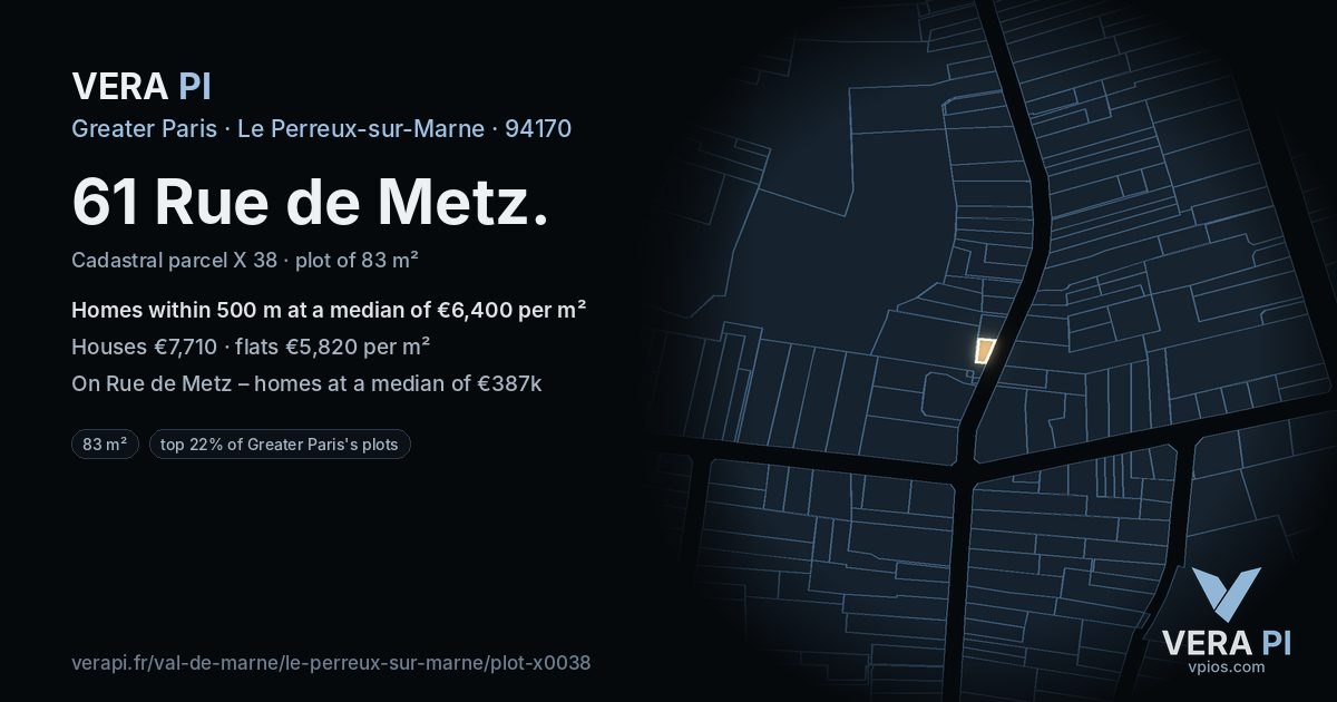 61 Rue de Metz, Le Perreux-sur-Marne at night – the plot lit, the parcels around coloured by the prices near them
