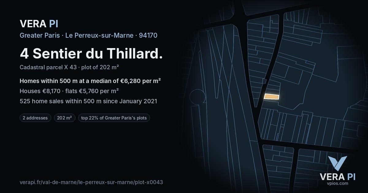 4 Sentier du Thillard, Le Perreux-sur-Marne at night – the plot lit, the parcels around coloured by the prices near them