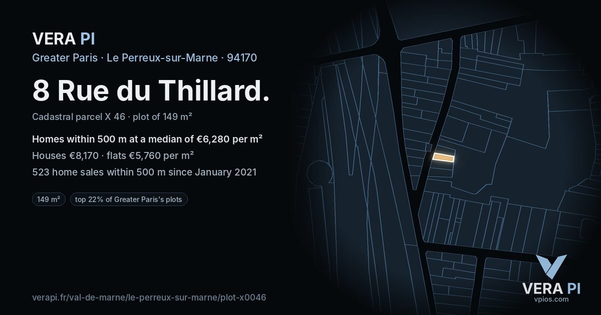8 Rue du Thillard, Le Perreux-sur-Marne at night – the plot lit, the parcels around coloured by the prices near them
