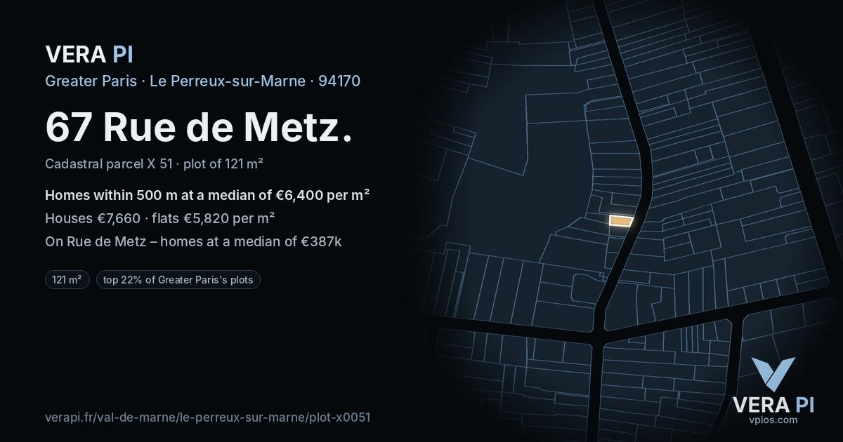 67 Rue de Metz, Le Perreux-sur-Marne at night – the plot lit, the parcels around coloured by the prices near them