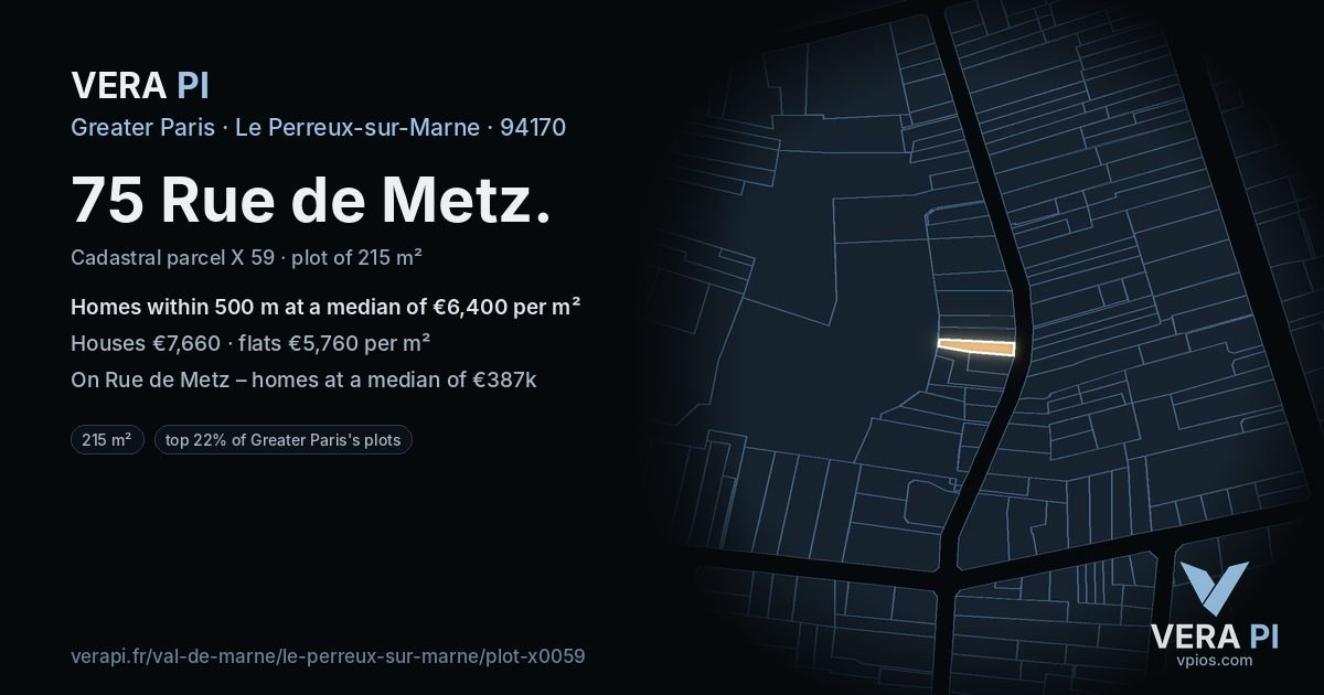 75 Rue de Metz, Le Perreux-sur-Marne at night – the plot lit, the parcels around coloured by the prices near them