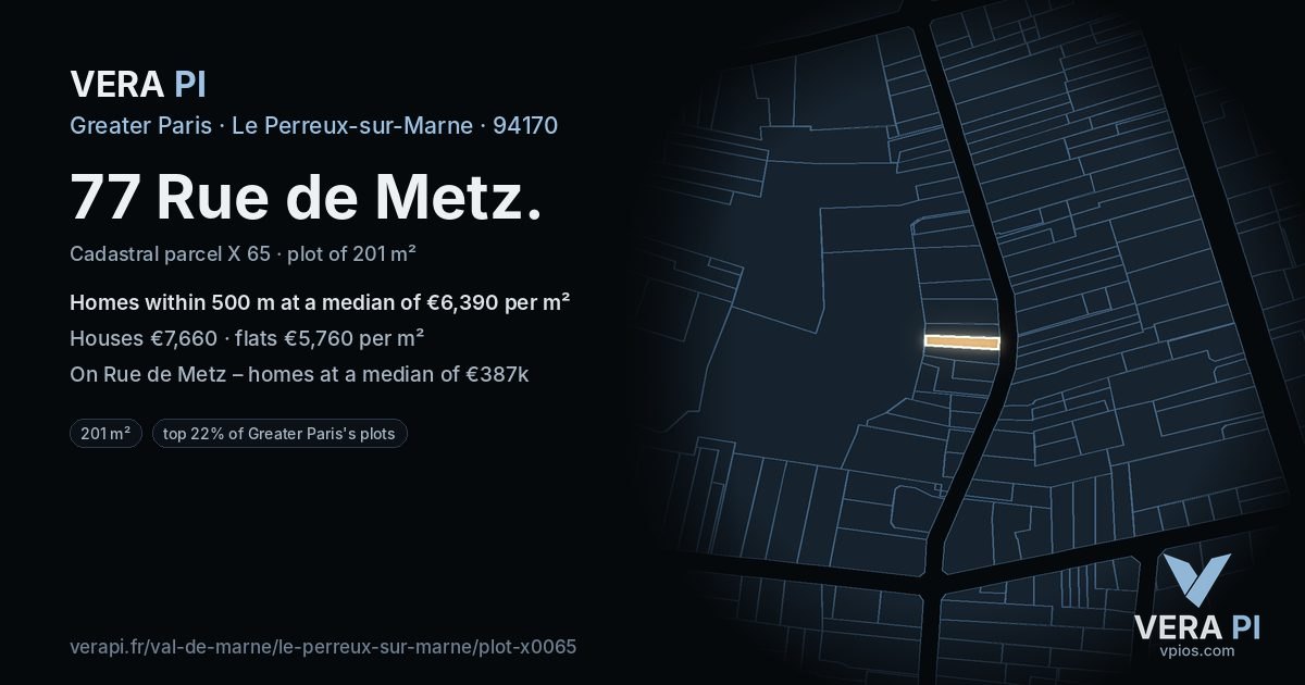 77 Rue de Metz, Le Perreux-sur-Marne at night – the plot lit, the parcels around coloured by the prices near them