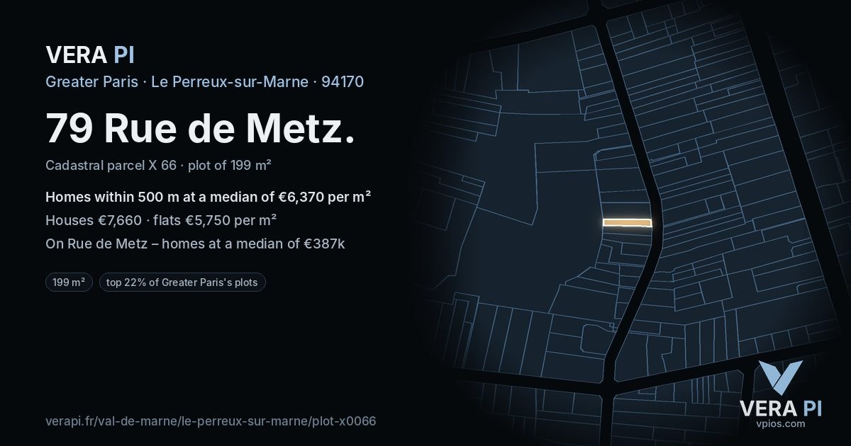 79 Rue de Metz, Le Perreux-sur-Marne at night – the plot lit, the parcels around coloured by the prices near them