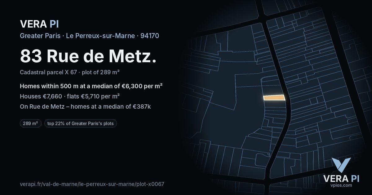 83 Rue de Metz, Le Perreux-sur-Marne at night – the plot lit, the parcels around coloured by the prices near them