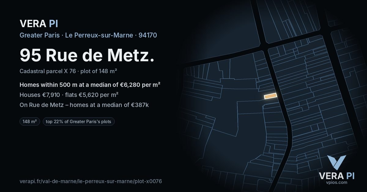 95 Rue de Metz, Le Perreux-sur-Marne at night – the plot lit, the parcels around coloured by the prices near them