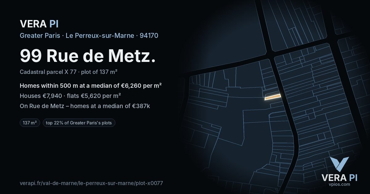 99 Rue de Metz, Le Perreux-sur-Marne at night – the plot lit, the parcels around coloured by the prices near them