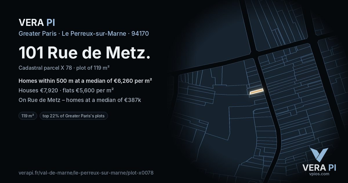 101 Rue de Metz, Le Perreux-sur-Marne at night – the plot lit, the parcels around coloured by the prices near them