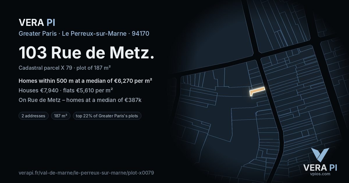 103 Rue de Metz, Le Perreux-sur-Marne at night – the plot lit, the parcels around coloured by the prices near them
