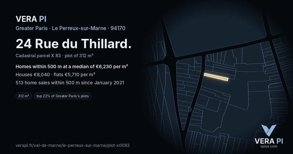 24 Rue du Thillard, Le Perreux-sur-Marne at night – the plot lit, the parcels around coloured by the prices near them