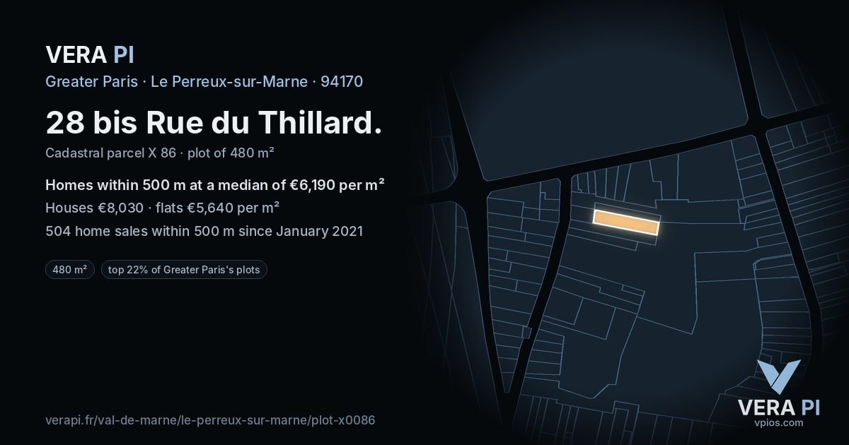 28 bis Rue du Thillard, Le Perreux-sur-Marne at night – the plot lit, the parcels around coloured by the prices near them