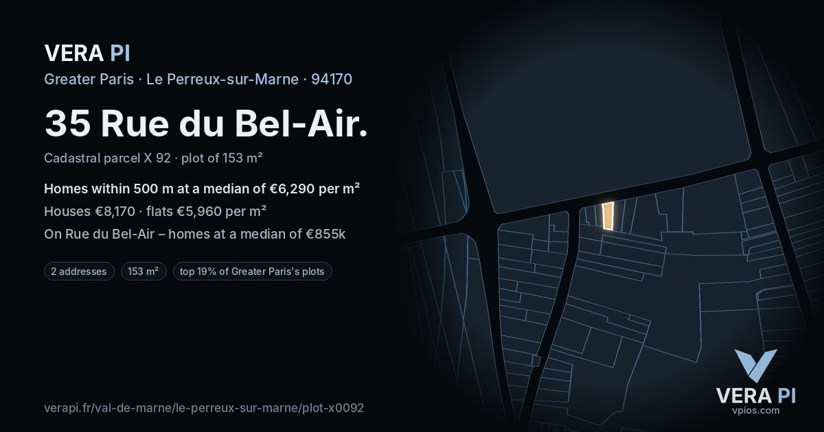35 Rue du Bel-Air, Le Perreux-sur-Marne at night – the plot lit, the parcels around coloured by the prices near them