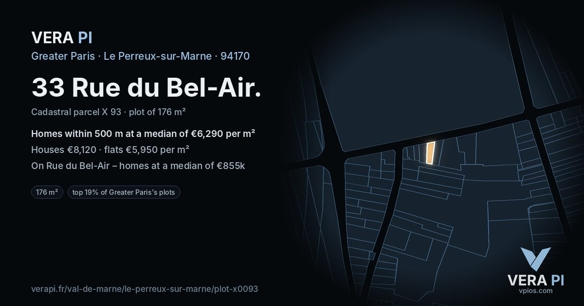 33 Rue du Bel-Air, Le Perreux-sur-Marne at night – the plot lit, the parcels around coloured by the prices near them