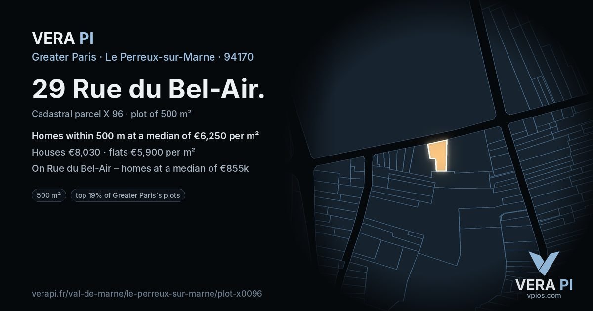 29 Rue du Bel-Air, Le Perreux-sur-Marne at night – the plot lit, the parcels around coloured by the prices near them