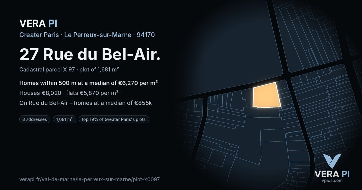 27 Rue du Bel-Air, Le Perreux-sur-Marne at night – the plot lit, the parcels around coloured by the prices near them