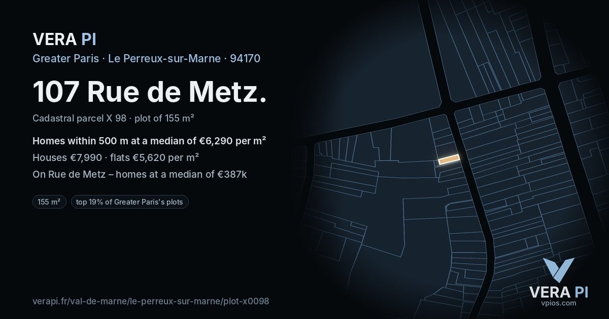 107 Rue de Metz, Le Perreux-sur-Marne at night – the plot lit, the parcels around coloured by the prices near them