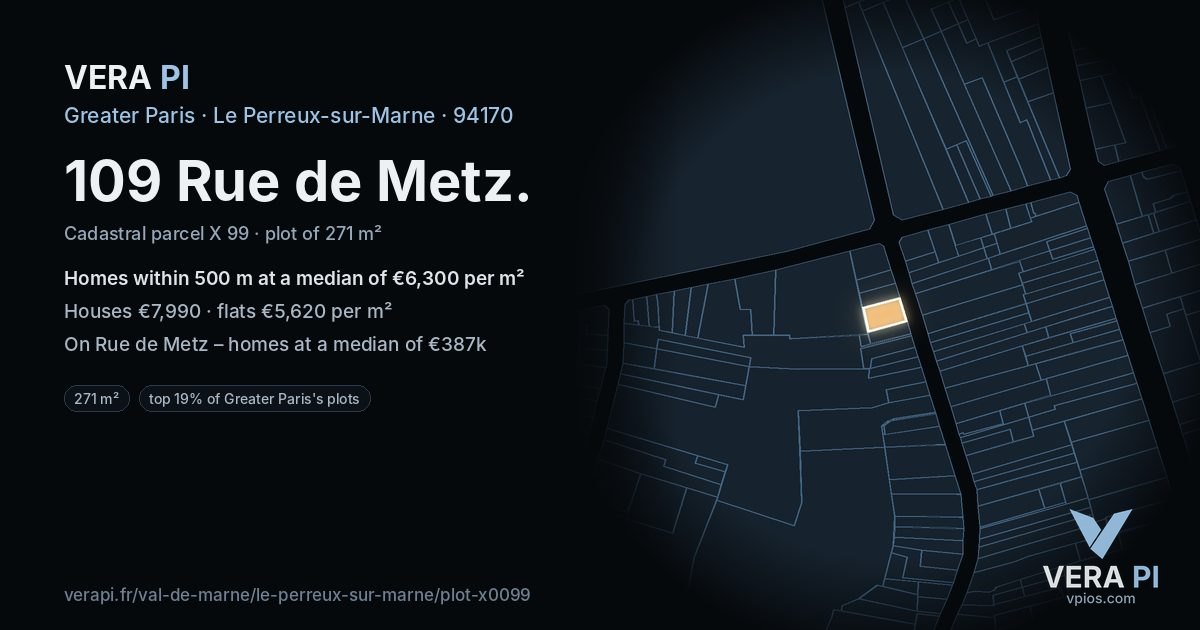 109 Rue de Metz, Le Perreux-sur-Marne at night – the plot lit, the parcels around coloured by the prices near them