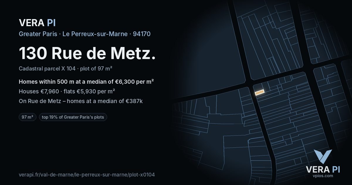 130 Rue de Metz, Le Perreux-sur-Marne at night – the plot lit, the parcels around coloured by the prices near them