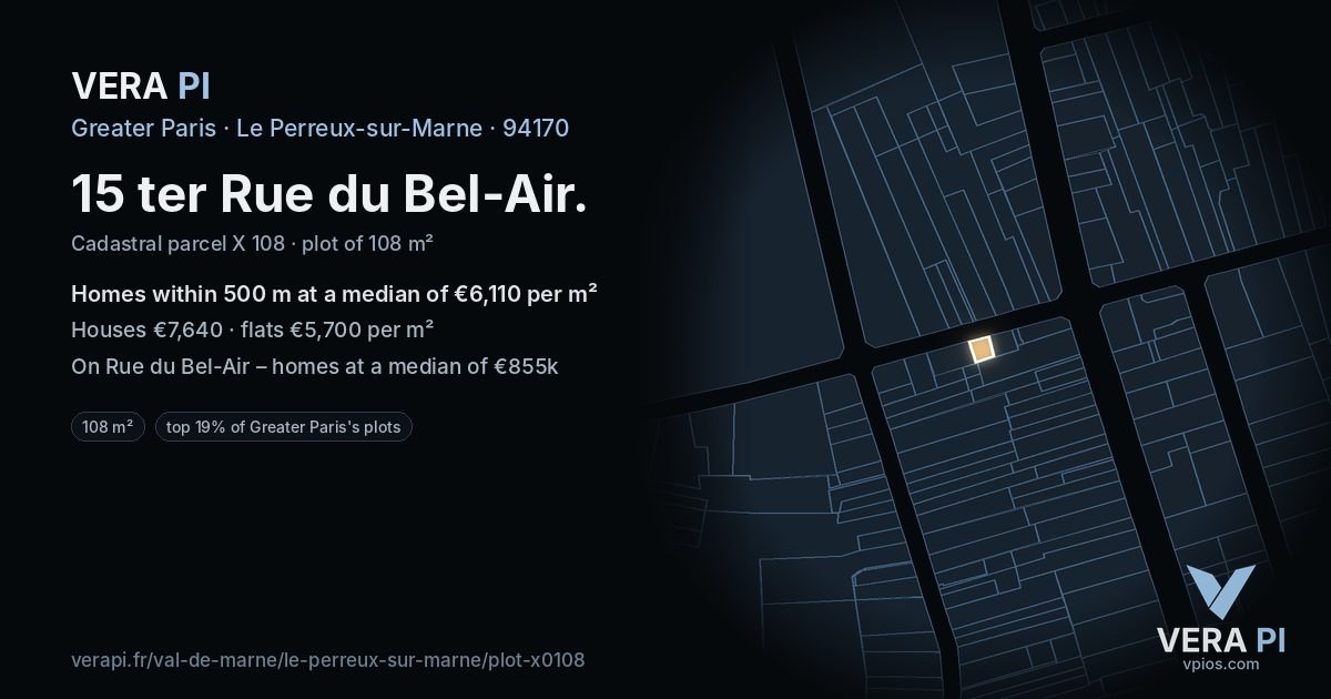 15 ter Rue du Bel-Air, Le Perreux-sur-Marne at night – the plot lit, the parcels around coloured by the prices near them
