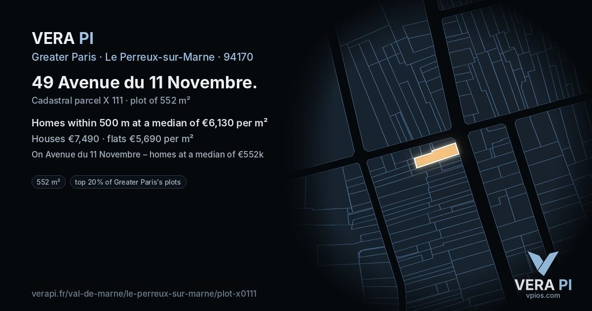 49 Avenue du 11 Novembre, Le Perreux-sur-Marne at night – the plot lit, the parcels around coloured by the prices near them